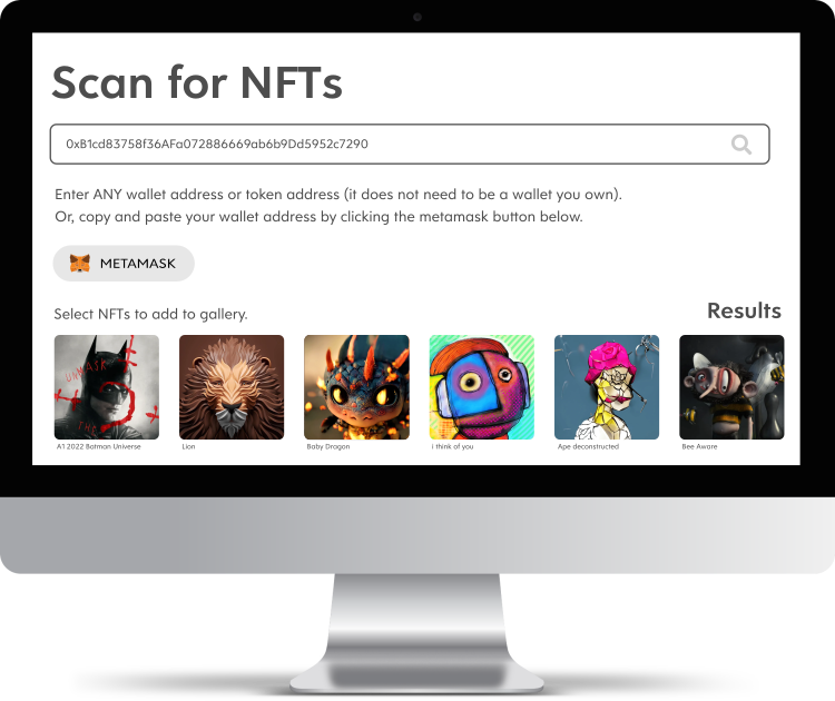 Screenshot of Scan NFTs from Wallet Address on VUE Gallery